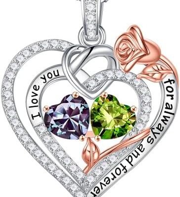 Iefil Rose Heart Necklaces Gifts for Her - 925 Sterling Silver Rose Heart Birthstone Necklace Anniversary Birthday Gifts Jewelry Valentines Mothers Day Gifts for Women Wife Girlfriend Mom