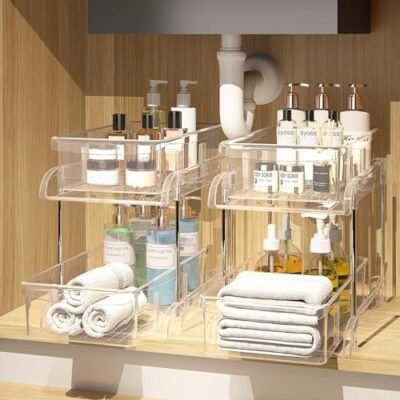 MHHA 2 Pack Bathroom Cabinet Organizer, 2 Tier Clear Under Sink Organizers and Storage Medicine Cabinet Organizer with Dividers, Pull Out Kitchen Pantry Shelf Cupboard Closet Vanity Organization Bins