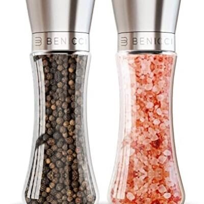 Premium Salt and Pepper Grinder Set of 2 - Two Refillable, Stainless Steel Sea & Spice Shakers with Adjustable Coarse Mills Easy Clean Ceramic Grinders w/BONUS Silicone Funnel Cleaning Brush