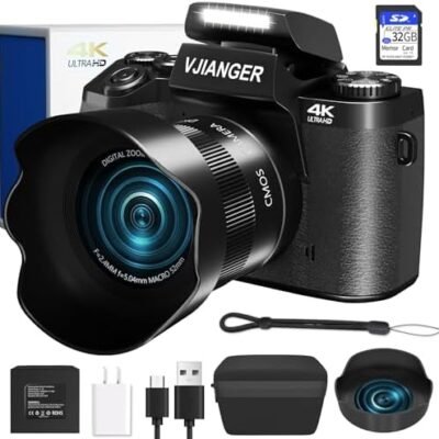 Digital Camera VJIANGER 4K Vlogging Camera 64MP Mirrorless Cameras for Photography with WiFi, 52mm Fixed Lens, 4.0" Fixed Touch Screen, 32GB SD Card & Camera Bag(W05-BlackS1)
