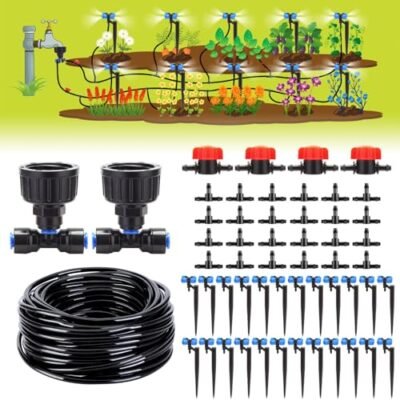 Drip Irrigation System Kit,100FT Micro Drip Irrigation Kit Drip Watering System with 1/4" Irrigation Tubing 4-Outlet Misting Nozzle Automatic Irrigation System for Plants Raised Bed Garden Patio Lawn