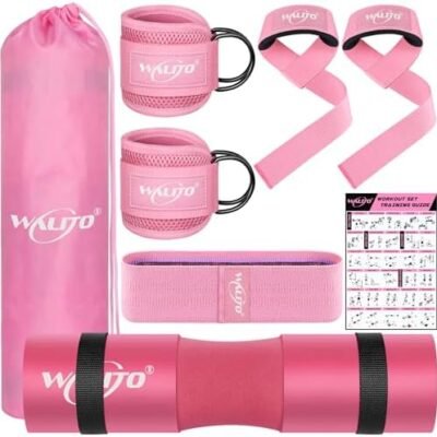 WALITO 8Pcs Barbell Pad Set for Hip Thrust - Squat Pad for Barbell Lunges, Bench Press, with 2 Gym Ankle Straps, 1 Resistance Bands for Working Out, 2 Lifting Strap, Workout Poster, Carry Bag