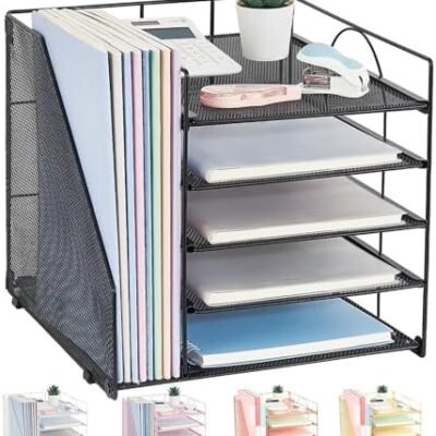 LEKETREE Desk Organizers and Accessories, 5-Tier Paper Letter Tray Organizer with File Holder, Desktop Organizer for Office Supplies, Office Desk Accessories & Workspace(Black)