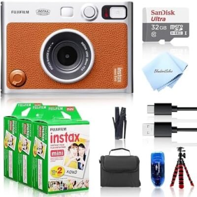 Fujifilm Instax Mini EVO Hybrid Camera (Brown) Bundle with 60 Instant Film Sheets + 32GB Memory Card + Small Padded Case + SD Card Reader + Flex Tripod + Microfiber Cleaning Cloth