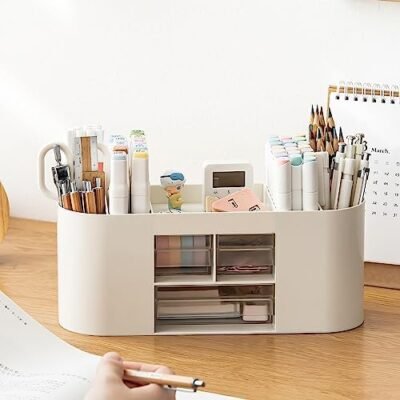 Pencil Pen Holder for Desk with 3 Drawers - All-In-One Desk Organizer - Perfect Desk Accessories for Office Use - Stylish & Convenient Desk Organizers and Accessories (Beige)