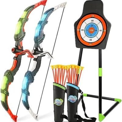 Bow and Arrow Set for Kids, 2-Pack LED Light Up Archery Set with 20 Suction Cup Arrows, Outdoor Toy for Boy Girl Age 4-8 8-12 with Standing Target&2 Quivers, Birthday Gift for Kid 5 6 7 8 9 Year Old