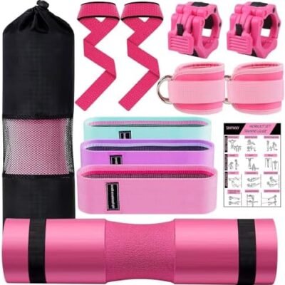 SINYWAY Barbell Pad Set, 11 Pcs Barbell Squat Pad for Hip Thrusts, Lunges, Leg Day with 2 Gym Ankle Straps, 3 Hip Resistance Bands, 2 Lifting Strap, 2 Barbell Clip, Barbell Pad and Carry Bag
