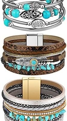 Inbagi 3 Pcs Bohemian Bracelet for Women Girls Faux Leather Cuff Bracelet Multi Layer Western Jewelry Crystal Wristbands