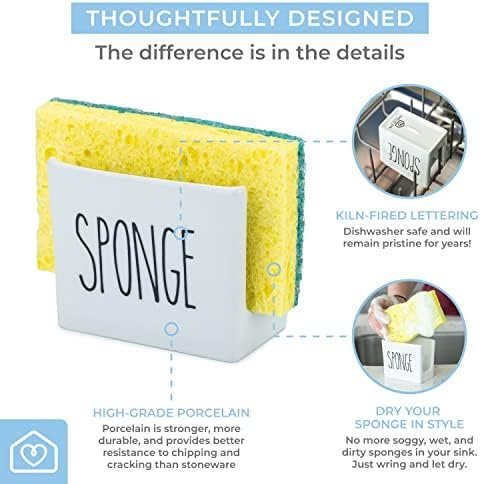 Heartland Home Porcelain Sponge Holder for Kitchen Sink. Compact Sink Caddy Organizer - Scrub Daddy Compatible Dish Sponge Holder. Ceramic Black and White Kitchen Decor and Cute Kitchen Accessories - Image 3