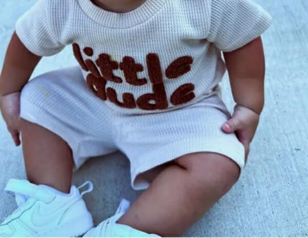 Embroidery Baby Boy Clothes Summer Short Sleeve Little Dude Print T-Shirt Tops Shorts Set Waffle Knit Outfit - Image 2