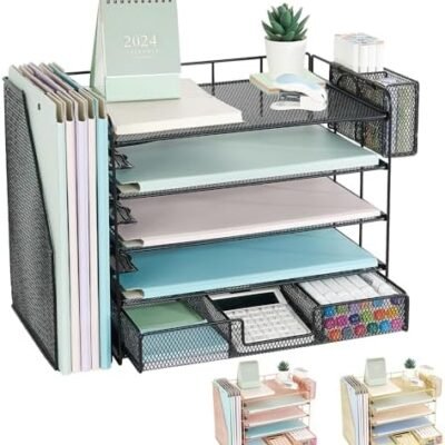 Paper Tray Organizer with Mesh File Holder, 5 Tier Desk Accessories & Workspace Desk Organizers with Pen Holder, Office Desk Accessories Desktop Organization for Office Supplies (Black)