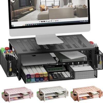 gianotter Desk Computer Monitor Stand Riser with Drawer and 2 Pen Holder, Desk Accessories & Workspace Desk Organizers, Desktop Organizer for Office Supplies (Black)