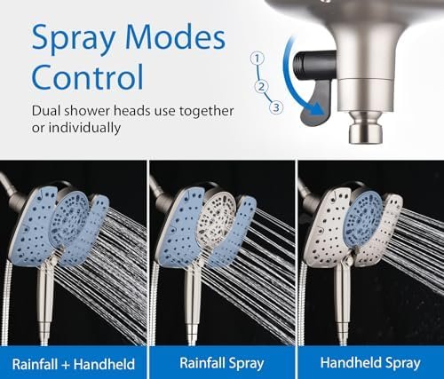 Nickel 2.5GPM Shower Head with Handheld High Pressure: 10” Rainfall Shower Head & HandHeld Shower Head, 10 Spray Settings Detachable Shower Head with ON/OFF Switch and 15-Stage Filter - Image 3