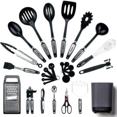 Silicone Kitchen Utensils Set & Holder: Cooking Utensils Set - Kitchen Essentials for New Home & 1st Apartment- Silicone Spatula Set, Cooking Spoons for Nonstick Cookware (Stainless Steel, Black)