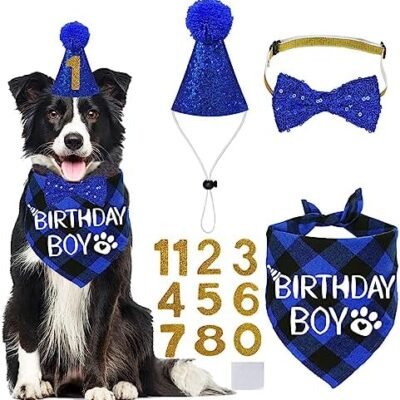 STMK Dog Birthday Party Supplies, Multi Size Dog Birthday Hat Dog Birthday Bandana Boy Bow Tie Birthday Numbers for Medium Large Dogs Pets (Large, Blue)