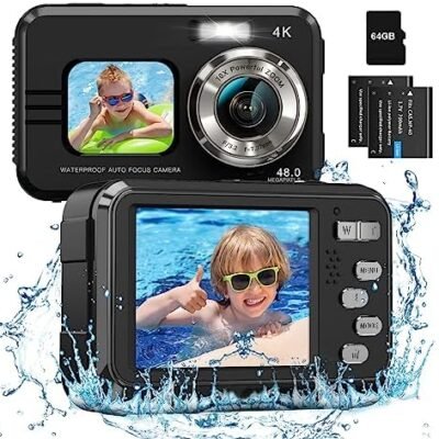 Trsunow 4K Waterproof Camera Underwater 64GB Card Included Dual Screens Selfie 48MP 16X Digital Zoom Fill Light 11FT for Snorkeling Kids with 2 Batteries Black