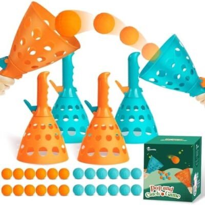 punkdog Pop and Catch Ball Game with 24 Balls and 4 Catch Launcher Baskets - Outdoor Indoor Game Activities, Easter Basket Stuffers Gifts Beach Sport Summer Beach Toys for Kids Ages 4 5 6 7 8 10 12+