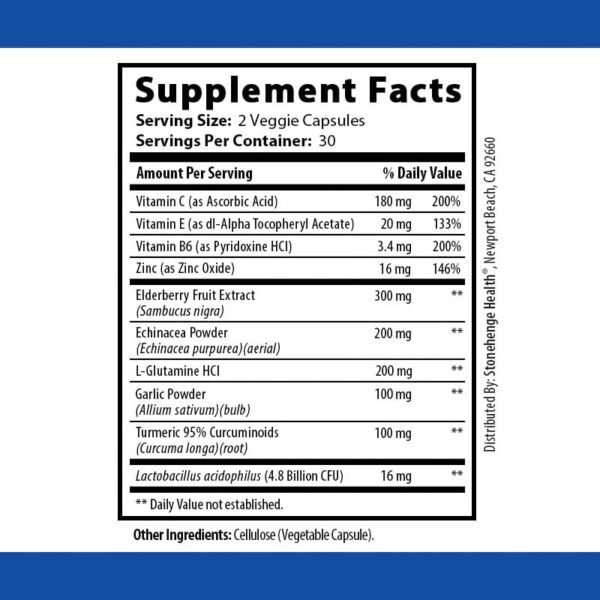 Stonehenge Health Dynamic Immunity Daily Supplement 10-in-1 Immune Boosters Zinc, Elderberry, Echinacea, Vitamin C & Probiotic L. Acidophilus – Supports Immune System & Respiratory Health, 60 Capsules - Image 4
