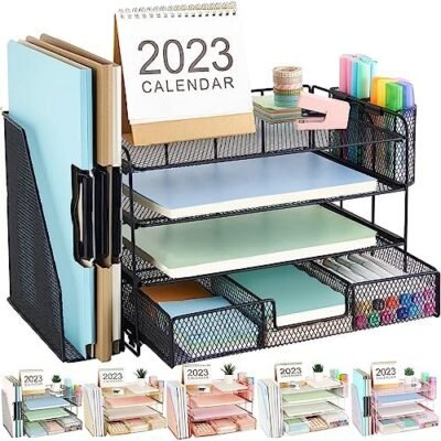 gianotter 4-Tier Desk Organizer with Drawers, File Holders, Letter Trays, and Pen Holders - Workspace Accessories for Office Supplies (Black)