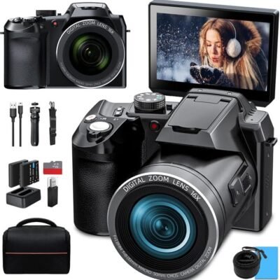 Monitech 64MP Digital Camera for Photography and Video, 4K Vlogging Camera for YouTube with 3’’ Flip Screen,16X Digital Zoom, WiFi& Autofocus,Cameras Strap&Tripod,2 Batteries, 32GB TF Card(S200，Black