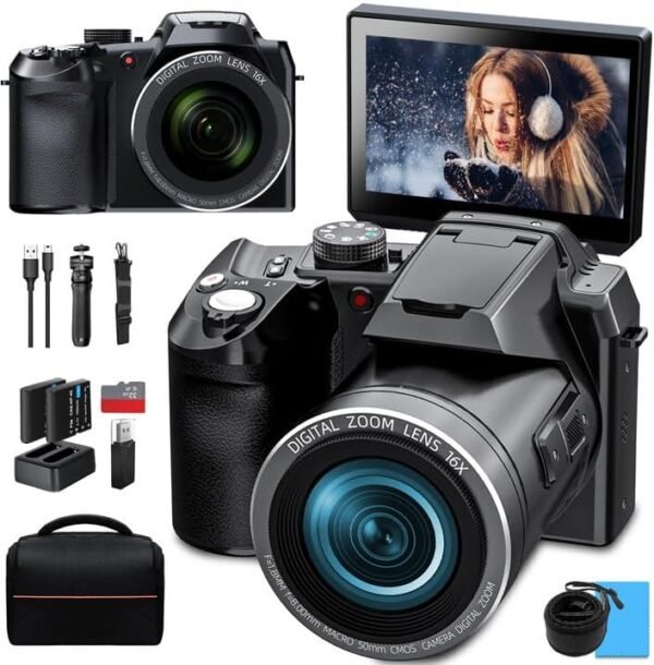 Monitech 64MP Digital Camera for Photography and Video, 4K Vlogging Camera for YouTube with 3’’ Flip Screen,16X Digital Zoom, WiFi& Autofocus,Cameras Strap&Tripod,2 Batteries, 32GB TF Card(S200，Black