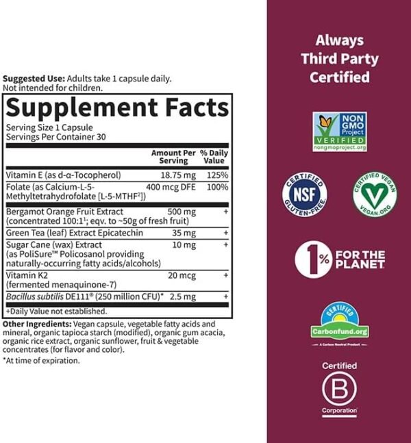 Garden of Life Herbals Heart Health Supplement with Folate, Bergamot, Green Tea & Vitamin E & K for Cholesterol, Circulatory & Blood Pressure Support, Non-GMO, Gluten-Free, Citrus Flavor, 30 Servings - Image 5