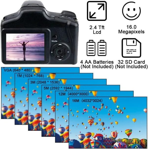 Acuvar Digital Camera, 16 Megapixel Photo Camera Mini Digital SLR Camera, CMOS Sensor 2.4“ TFT LCD Compact Camera, 16X Digital Zoom Video Camera for Children Adults Beginners Black - Image 3