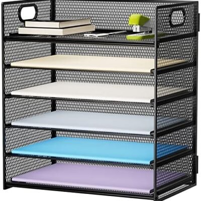Marbrasse 6 Tier Paper Organizer Letter Tray - Mesh Desk File Organizer with Handle, Paper Sorter Organizer for Letter/A4 Office File Folder Holder - Black
