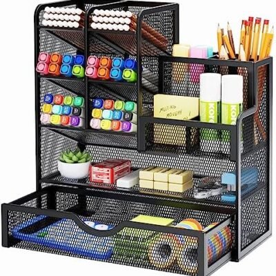 Marbrasse Mesh Pen Holder for Desk, Desk Organizer with Drawer, Multi-Functional Pencil Organizer, Desk Organizers and Accessories for Office Art Supplies (Black)