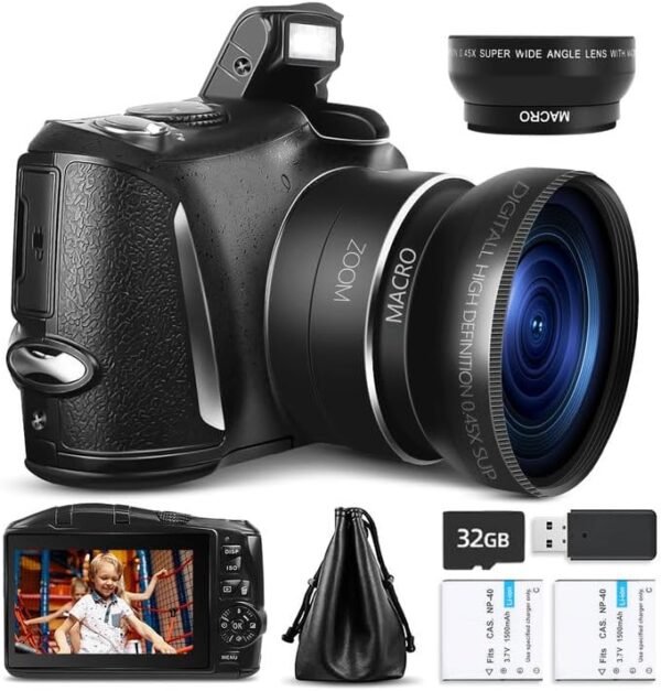 Digital Camera Compact Vlogging Camera, 4K 48MP Camera for Photography with 2 Batteries,32GB SD Card, 16x Digital Zoom, 3.0 inch Screen,Camera for Beginners（LK SD）