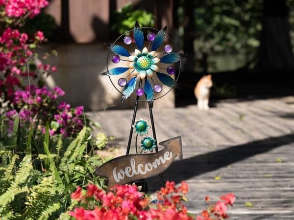 TERESA'S COLLECTIONS Peacock Garden Solar Stake, Wind Spinner Yard Art Sign for Outdoor Decor, Metal Purple Floral Windmill Decorative Garden Stake for Lawn Ornaments, Gifts for Mothers Day 37'' - Image 9