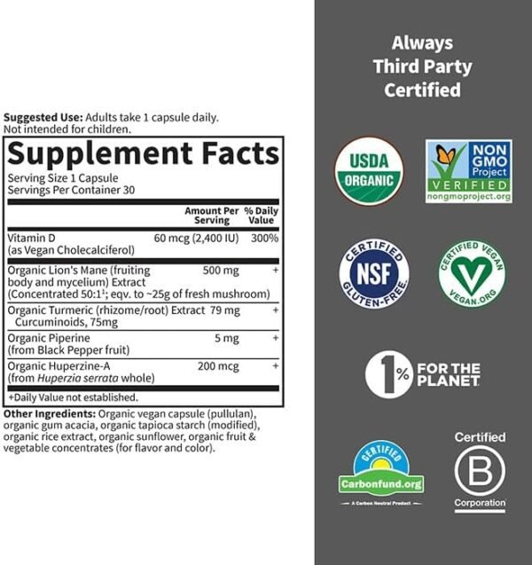 Garden of Life Brain Health Supplement with Organic Lion’s Mane & Turmeric, Non-GMO, Gluten-Free, Mint Flavor - For Memory, Focus & Healthy Brain Function - Image 5