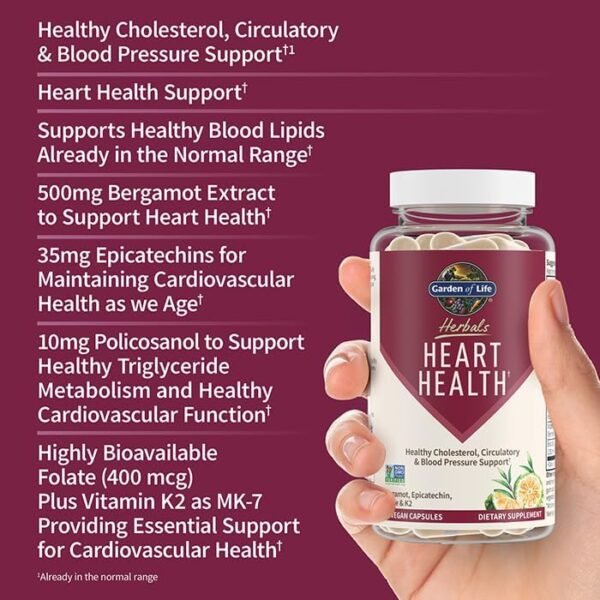 Garden of Life Herbals Heart Health Supplement with Folate, Bergamot, Green Tea & Vitamin E & K for Cholesterol, Circulatory & Blood Pressure Support, Non-GMO, Gluten-Free, Citrus Flavor, 30 Servings - Image 3