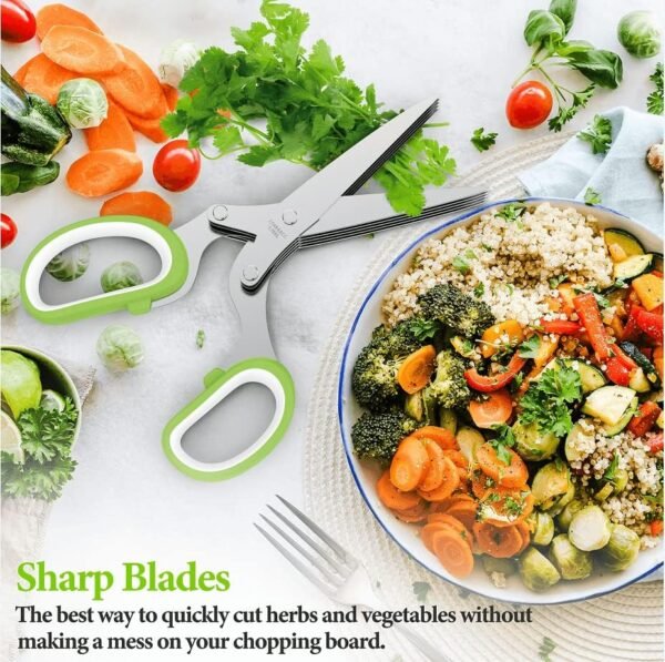 Herb Scissors, Kitchen Herb Shears Cutter with 5 Blades and Cover, Sharp Dishwasher Safe Kitchen Gadget - Green - Image 5