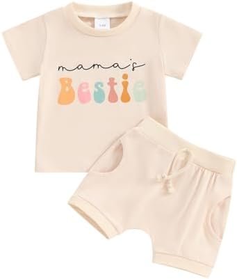 Kupretty Baby Girl Summer Clothes Mama's Bestie Short Sleeve T-shirt Tee Tops + Solid Shorts Toddler Clothing Set