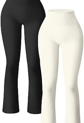 OQQ Women's 2 Piece Yoga Pants Ribbed Seamless Workout High Waist Bell Bottoms Flare Leggings
