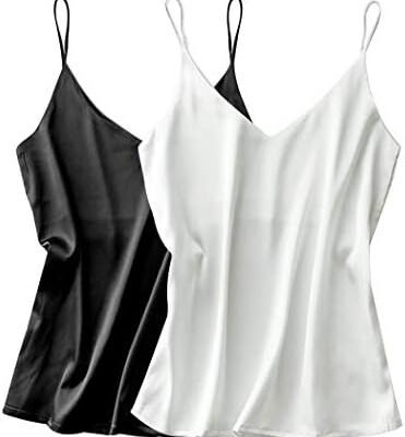Ekouaer Womens Silk Satin Tank Top 2 Pack V Neck Basic Camisole