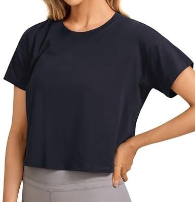 CRZ YOGA Women's Pima Cotton Workout Short Sleeve Shirts Loose Crop Tops Athletic Gym Shirt Casual Cropped T-Shirt