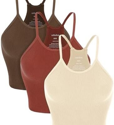 ODODOS Women's Crop 3-Pack Washed Seamless Rib-Knit Camisole Crop Tank Tops