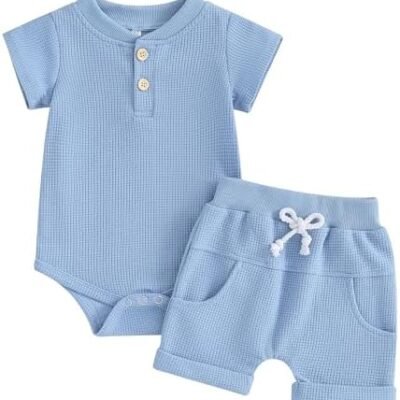 Kuriozud Newborn Baby Boy Summer Clothes Button Short Sleeve Romper Bodysuit Shorts Set Toddler Soft Waffle Outfit