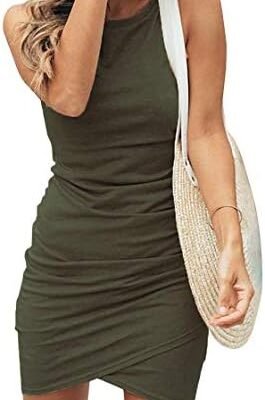 BTFBM Women 2024 Summer Sleeveless Tank Dresses Crew Neck Slim Fit Short Casual Ruched Bodycon Party Club Mini Dress