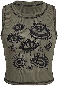 SOLY HUX Women's Y2k Goth Eye Print Crop Tank Top Round Neck Sleeveless Summer Tops