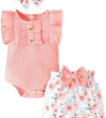 Newborn Baby Girl Clothes Outfits Ruffle Romper and Short Pant Sets with Headband Infant Bodysuits