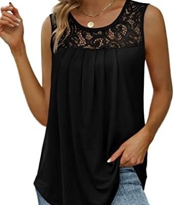 Saloogoe Summer Tank Tops for Women Loose Fit Pleated Tunics Scoop Neck Sleeveless Lace Tops Curved Hem Flowy