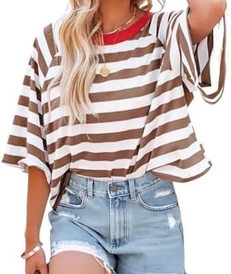 Dokotoo Tops for Women Striped 2024 Fashion T Shirts for Women Color Blocking Design Loose Basic Tee